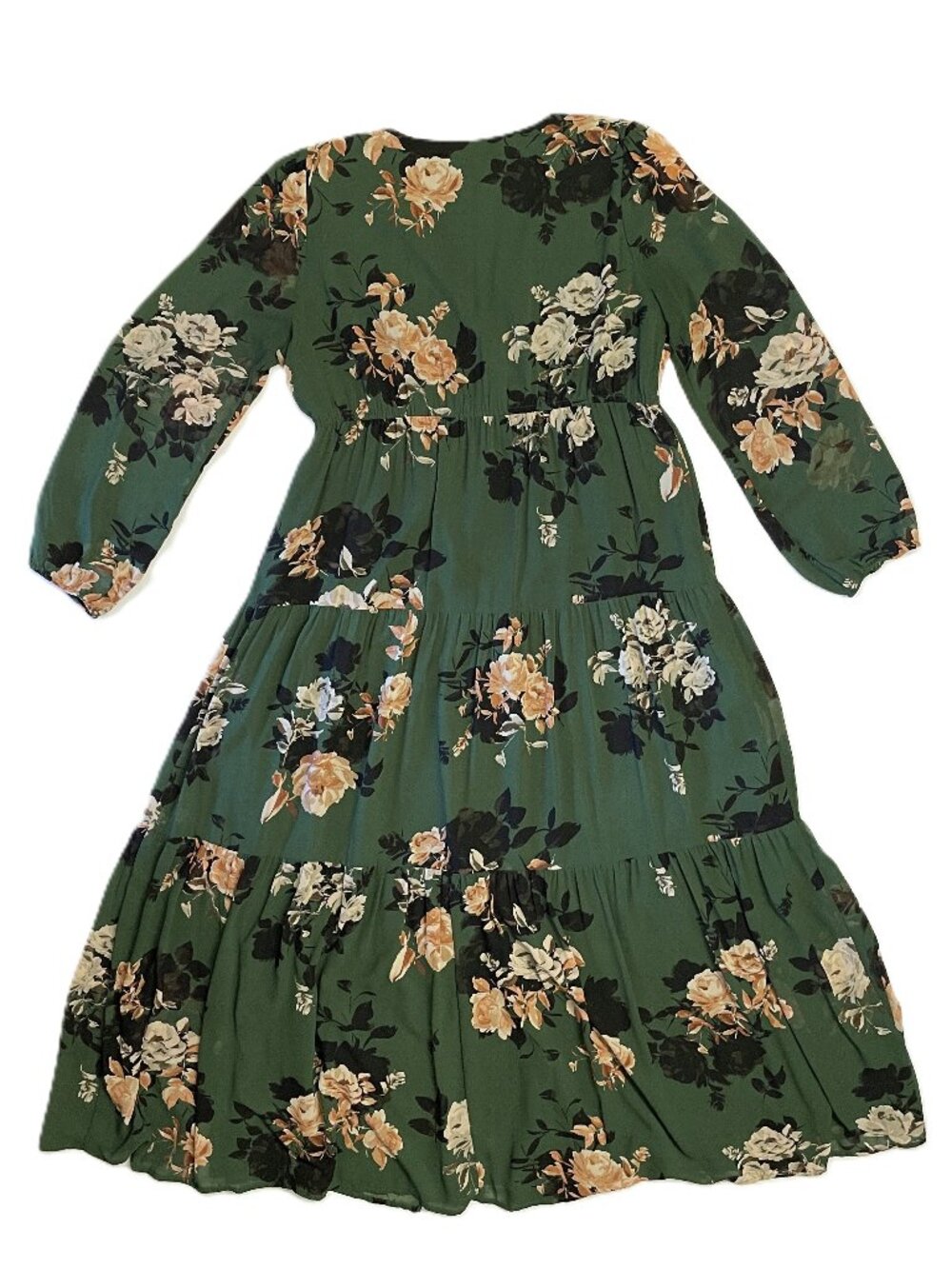 Sugarlips Dress XL Green Tiered Floral Long Sheer Sleeve Maxi Lined Graceful - Picture 14 of 14